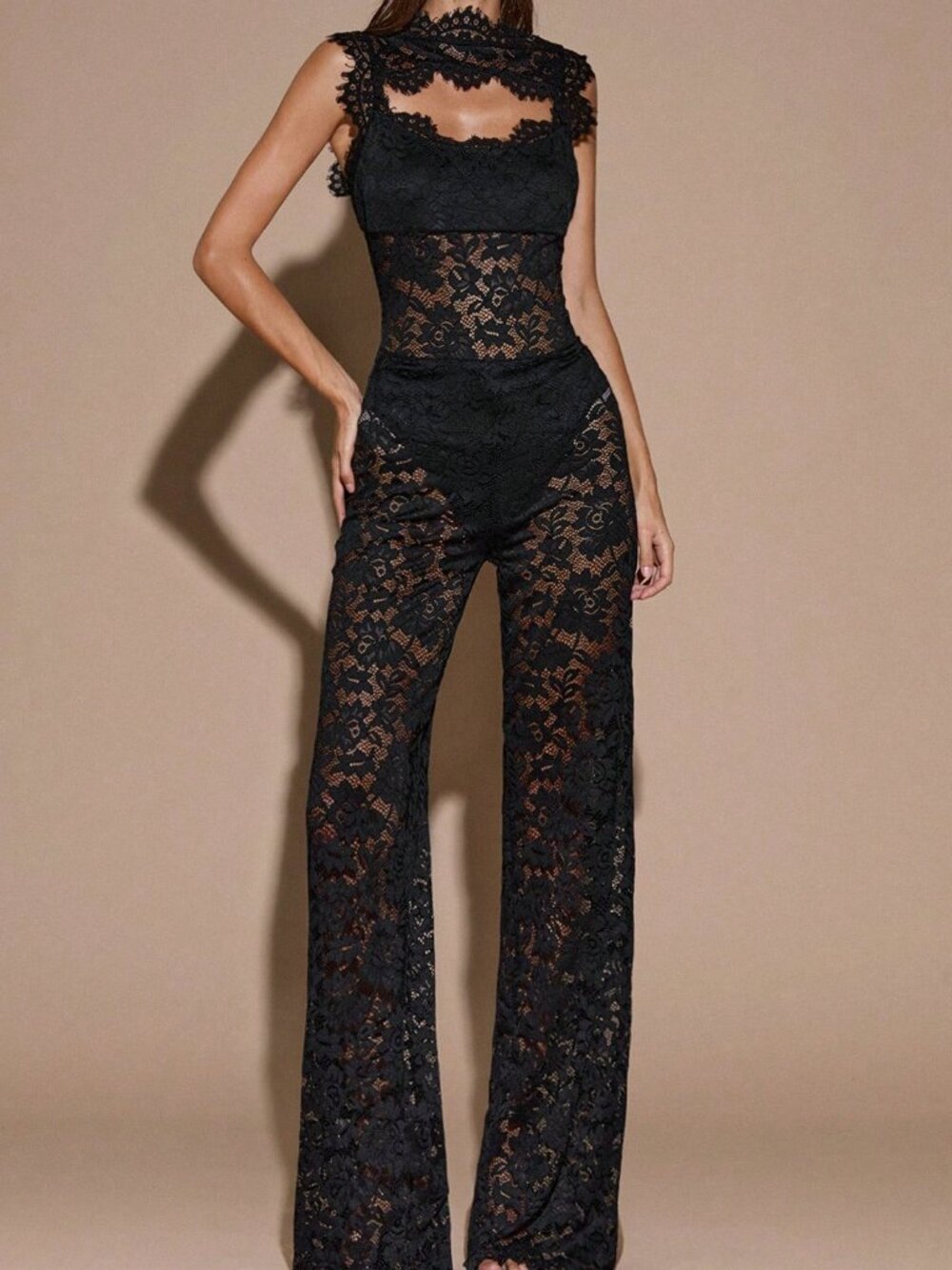 Black Sexy Women's Plants Sheer Backless Jumpsuit